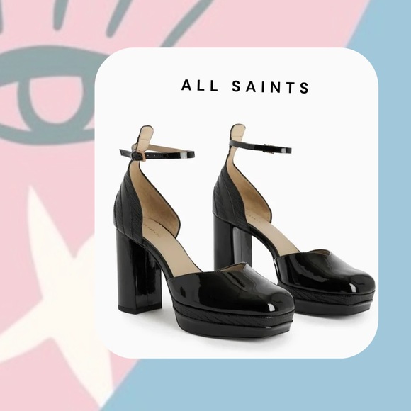 all saints black shiny leather ankle strap Tiffany platform heels - Picture 1 of 16